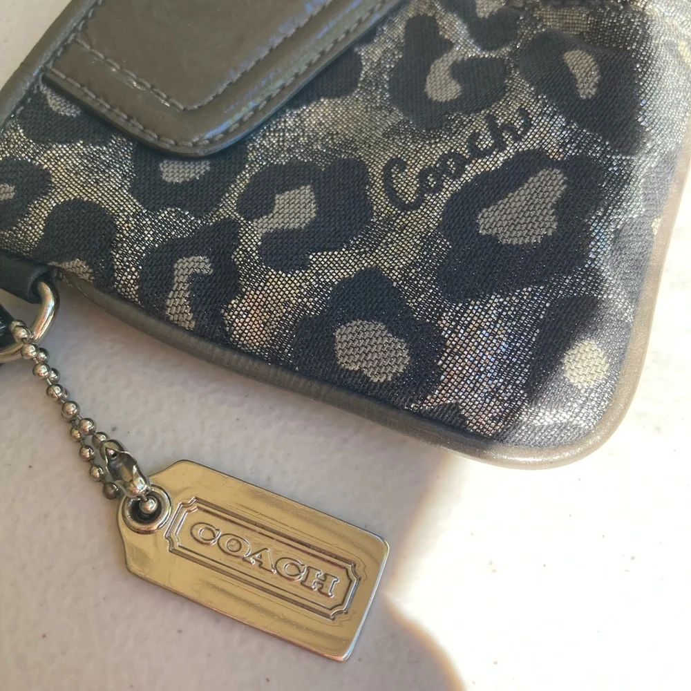 Coach Metallic Silver Glitter Sparkle Leopard Print Zipper Pouch Wristlet Wallet